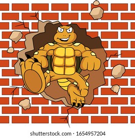 Angry turtle kicks the wall vector cartoon illustration