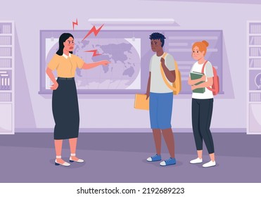 Angry tutor scolding guilty students flat color vector illustration. Breaking college rules. Troublemakers punishment. Fully editable 2D simple cartoon characters with auditorium on background