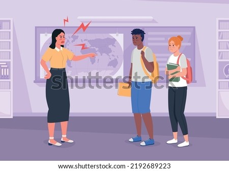 Angry tutor scolding guilty students flat color vector illustration. Breaking college rules. Troublemakers punishment. Fully editable 2D simple cartoon characters with auditorium on background