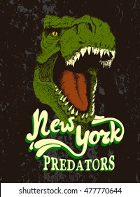 angry tyrannosaurus head.Vintage label with dinosaur on grunge old black background.Typography design for t-shirts.New York predators.Vector illustration