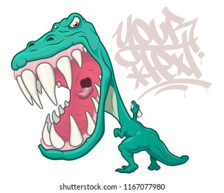 An angry tyrannosaurus rex roaring and writing graffiti in cartoon style. Isolated on white with space for placing text.