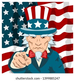 Angry Uncle Sam points his finger at you against the American flag