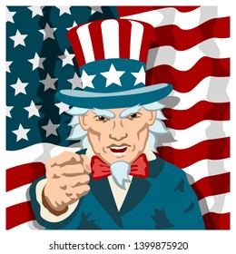 Angry Uncle Sam shows his fist on the backdrop of the American flag