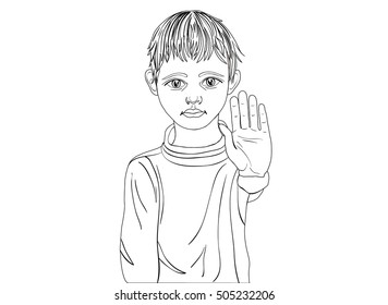 Angry and unhappy boy showing hand sign enough. Against violence. Stop the violence. Contour on the white background. Vector illustration