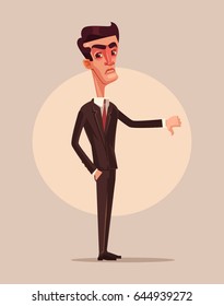 Angry unhappy businessman office worker consumer showing thumbs down. Dislike sign. Vector flat cartoon illustration