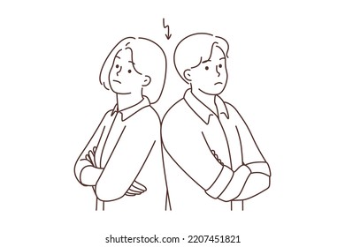 Angry unhappy couple back to back avoid talking. Upset man and woman ignore each other in fight. Breakup and separation. Vector illustration. 