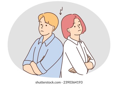 Angry unhappy couple back to back avoid talking. Upset man and woman ignore each other in fight. Breakup and separation. Vector illustration.