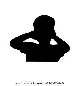 Angry unhappy irritated boy covering ears from loud sound silhouette