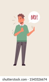 angry unhappy man saying NO speech balloon with NO scream exclamation negation concept furious guy showing stop gesture flat full length vertical vector illustration