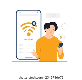 Wütender unglücklicher Mann schreit beim Anblick des Smartphones, weil schlechte Geräte funktionieren und schlechtes WiFi-Signal, verlorene Verbindung, Internet-Trennung, schlechte Daten-Service-Konzept-Illustration