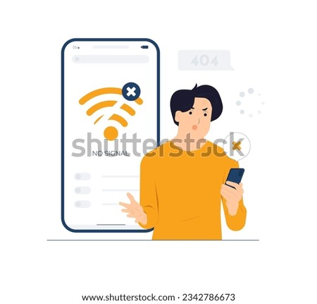 Angry unhappy man screaming while looking at smart mobile phone because bad device work and poor weak wifi signal, lost connection, internet disconnection, bad data service concept illustration