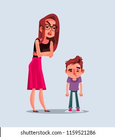 Angry unhappy mother character scold her son. Vector flat cartoon illustration