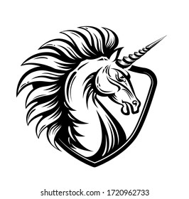 Angry Unicorn head emblem with shield. Fury Magic animal illustration in black and white. Vector art for icon, apparel print, insignia, mascot, sport or game team emblem, fairy tale book. svg