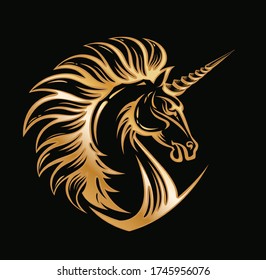Angry Unicorn head. Golden emblem. Fury Magic animal glitter illustration. Vector art for icon, apparel print, insignia, mascot, sport or game team emblem, fairy tale book svg