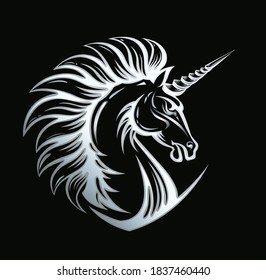 Angry Unicorn horse head. Silver emblem. Fury Magic animal glitter illustration. Vector art for icon, apparel print, insignia, mascot, sport or game team emblem, fairy tale book