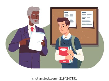 Angry university professor scolding sad student for homework project. Dissatisfied senior man person holding papers, upset student with books. College education, study problem flat vector illustration