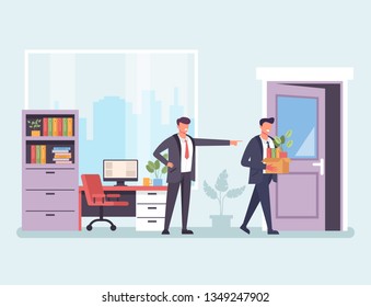 Angry upset boss office worker businessman character fired employee worker. Work problems unemployment concept. Vector flat cartoon graphic design illustration