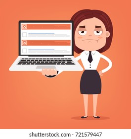 Angry upset business woman office worker character hold laptop with checkboxes. Vector flat cartoon illustration