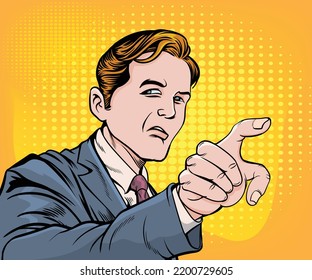 An angry, upset man, he points his hand. hand drawn style vector design illustration.