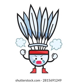 Angry and upset red and white shuttlecock badminton ball mascot character colorful illustration isolated on white background.