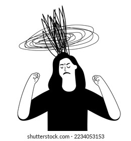 Angry upset woman clenched her hands into fists. Concept of anxiety, depression, frustration, personality disorder. Monochrome vector illustration showing mental health problems of female frustrated