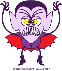 Angry vampire in minimalist style with pointy ears, sharp fangs, hairstyle and red cape while showing a scary and intimidating mood