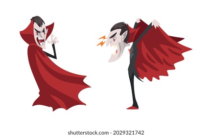 Angry Vampire Set, Scary Count Dracula Character Wearing Black and Red Cape, Happy Halloween Concept Cartoon Vector Illustration