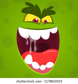 Angry vector cartoon monster face. Vector Halloween green zombie monster screams