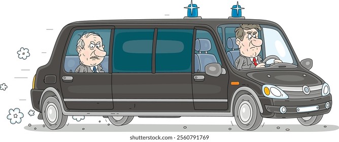 Angry and very important government official riding in his large black luxurious limousine driven by a chauffer from a special security service, vector cartoon illustration isolated on white