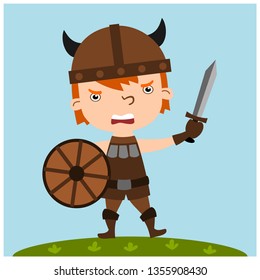 Angry Viking boy with sword and shield in his hands