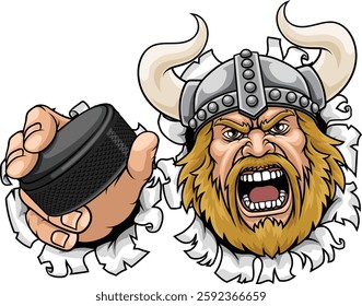 An angry Viking cartoon character holding hockey puck ice hockey sports team mascot illustration.