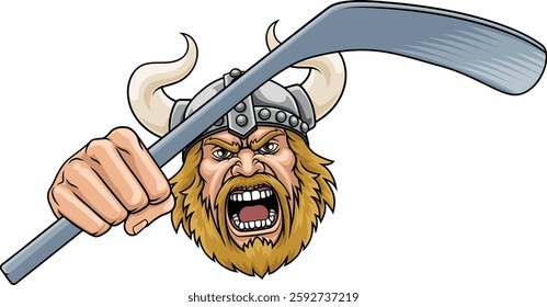 An angry Viking cartoon character holding hockey stick ice hockey sports team mascot illustration.