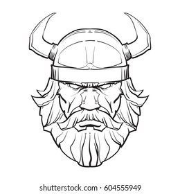 Angry viking face, head. Sport mascot, concept, vector illustration.