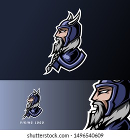 Angry viking sport esport logo design template with armor, helmet, thick beard and mustache for team, company, personal