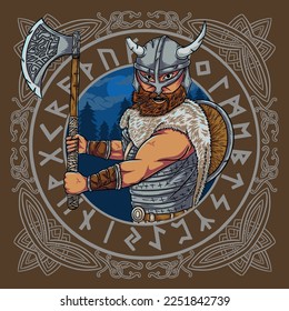 Angry Viking Warrior Carrying an Axe with Norse Ornament Vector Illustration