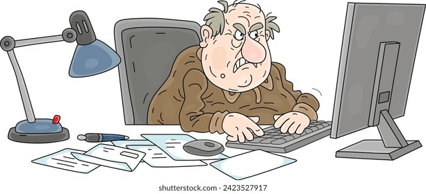 Angry and vile snitch typing his insidious false denunciation on a computer keyboard, vector cartoon illustration isolated on white