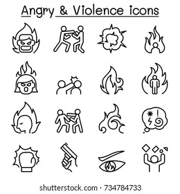 Angry & Violence Icon Set In Thin Lines Style