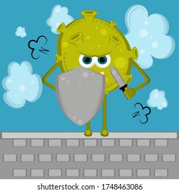 Angry virus cartoon with a shield and weapon - Vector