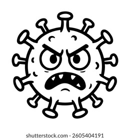 Angry virus cartoon vector, black outline, pathogen character covid virus