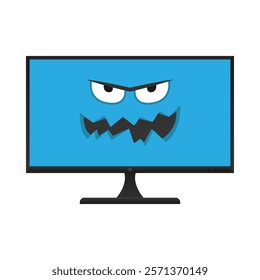 Angry virus displayed on a PC monitor screen. The vector illustration symbolizes a computer virus or malware, highlighting cybersecurity and digital safety themes