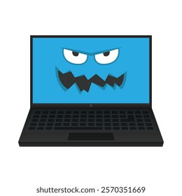 Angry virus on laptop screen. Vector illustration symbolizes a computer virus or malware, highlighting cybersecurity and digital safety themes