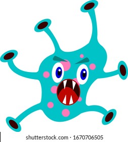 Angry virus with open mouth and sharp fangs. Monster with blue eyes. Object on white background. Disease concept.
