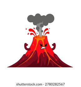 A angry volcano. The body of the mountain is bright red with a dark maroon base. Red lava erupts elegantly upward, and smoke rises above it in a dark gray halo. Flat vector mascot design.