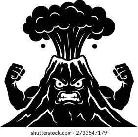 Angry volcano mascot logo featuring a powerful erupting mountain character with a fierce face, muscular arms, clenched fists, and smoke bursts, ideal for sports logos, gaming brands, fitness apparel, and stickers
