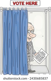 Angry voter with his completed ballot leaving a polling booth for voting in an election, vector cartoon illustration on a white background