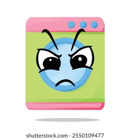 angry washing machine mascot vector illustrations. fun, colorful, and playful concept. cleaning tools, washing, interest, lifestyle, education, house, and environment themes