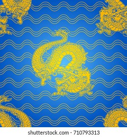 Angry water dragon on a background, light blue with gold waves. A seamless pattern with an ornament. Asian Chinese monster. Vector illustration.