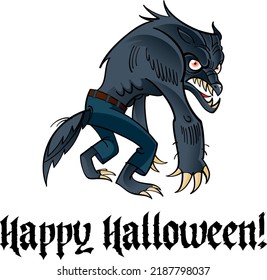 Angry werewolf - happy Halloween holiday image. Scary and spooky character, illustration for greeting card. Isolated on white background.