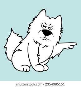 Angry white dog points his finger toward the exit. Cartoon style illustration, isolated vector.