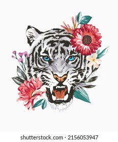 angry white tiger face in colorful flowers wreath vector illustration